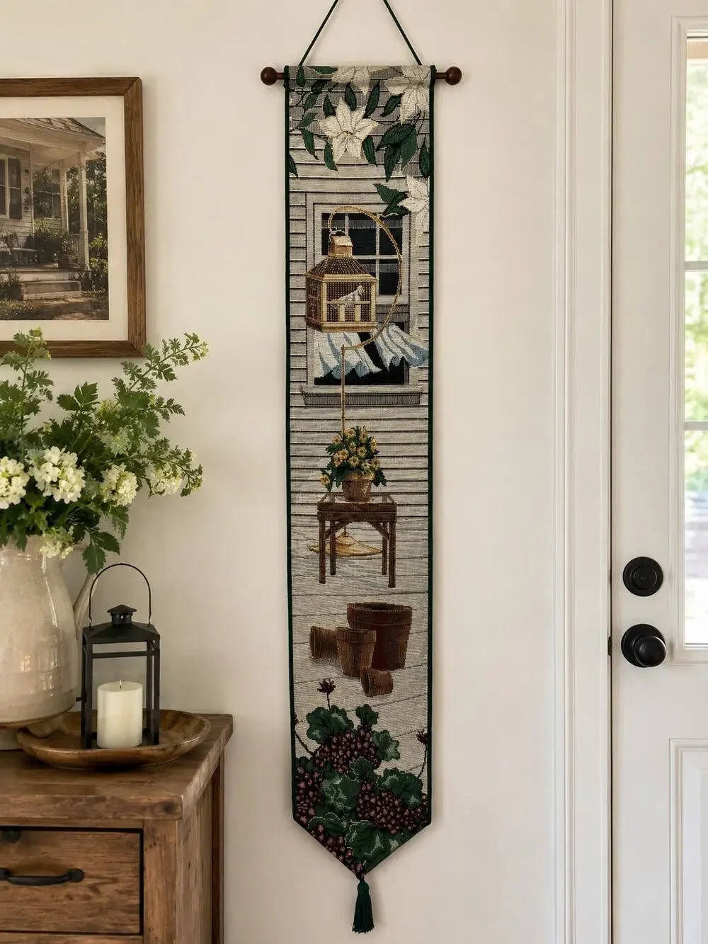 Woven Tapestry Wall Hanging Front Porch Serenade Bell Pull Floral Cottage 40 In